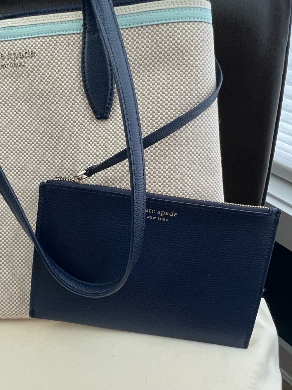 kate spade Cream Canvas Tote with Navy Handles and Aqua Trim - Picture 7 of 13